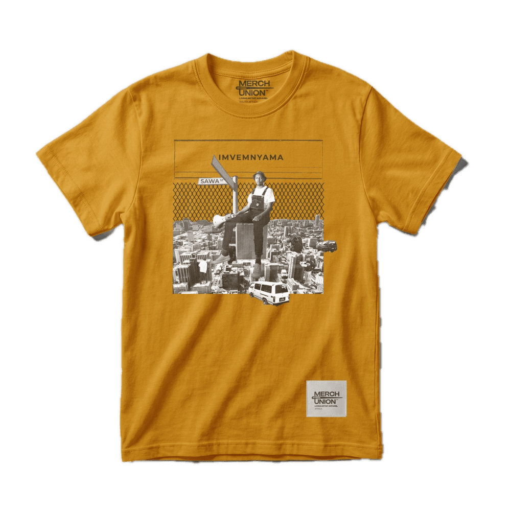 Mustard T-shirt with a black and white collage of a figure seated above a city skyline under the word Imvemnyama
