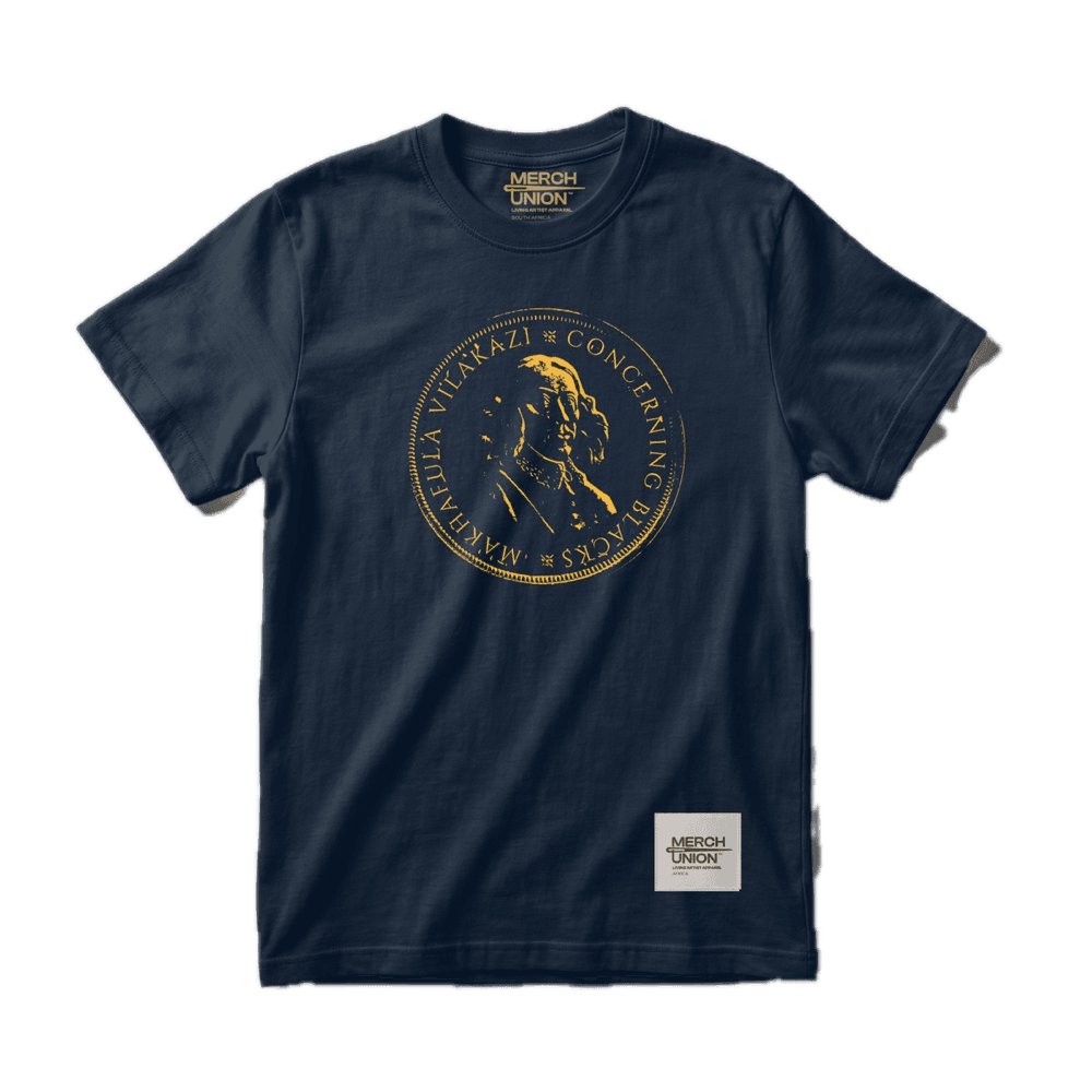 Dark blue T-shirt with a gold circular coin-seal print reading Makhafula Vilakazi, Concerning Blacks