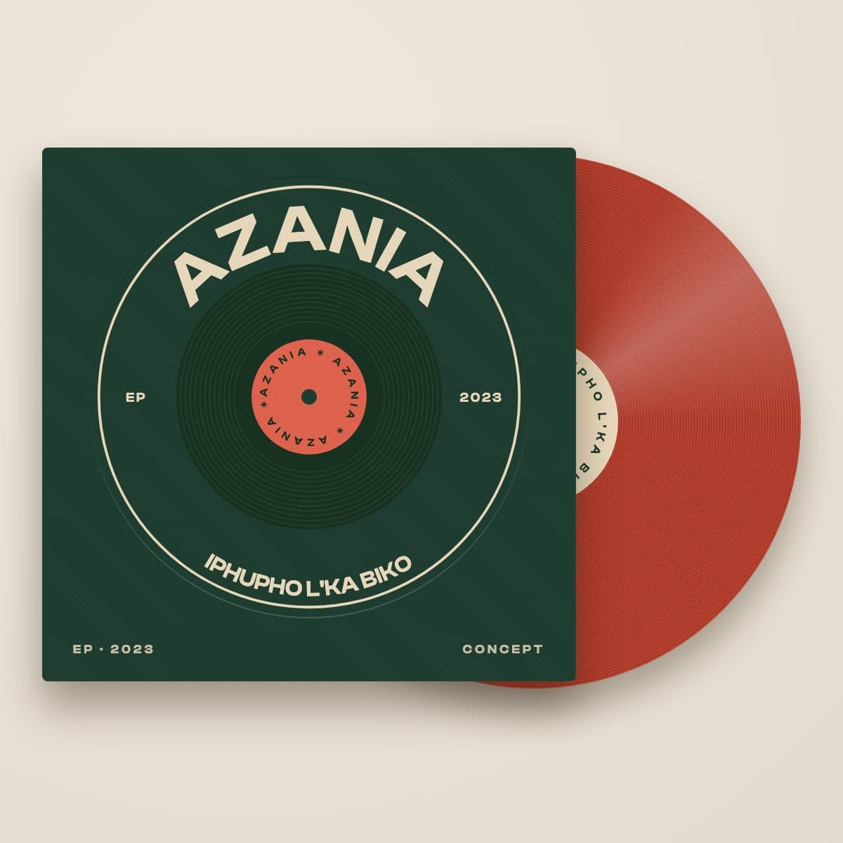 Concept mock-up: deep green record sleeve with a circular badge reading Azania, iPhupho L'ka Biko, EP 2023, with a red vinyl record sliding out
