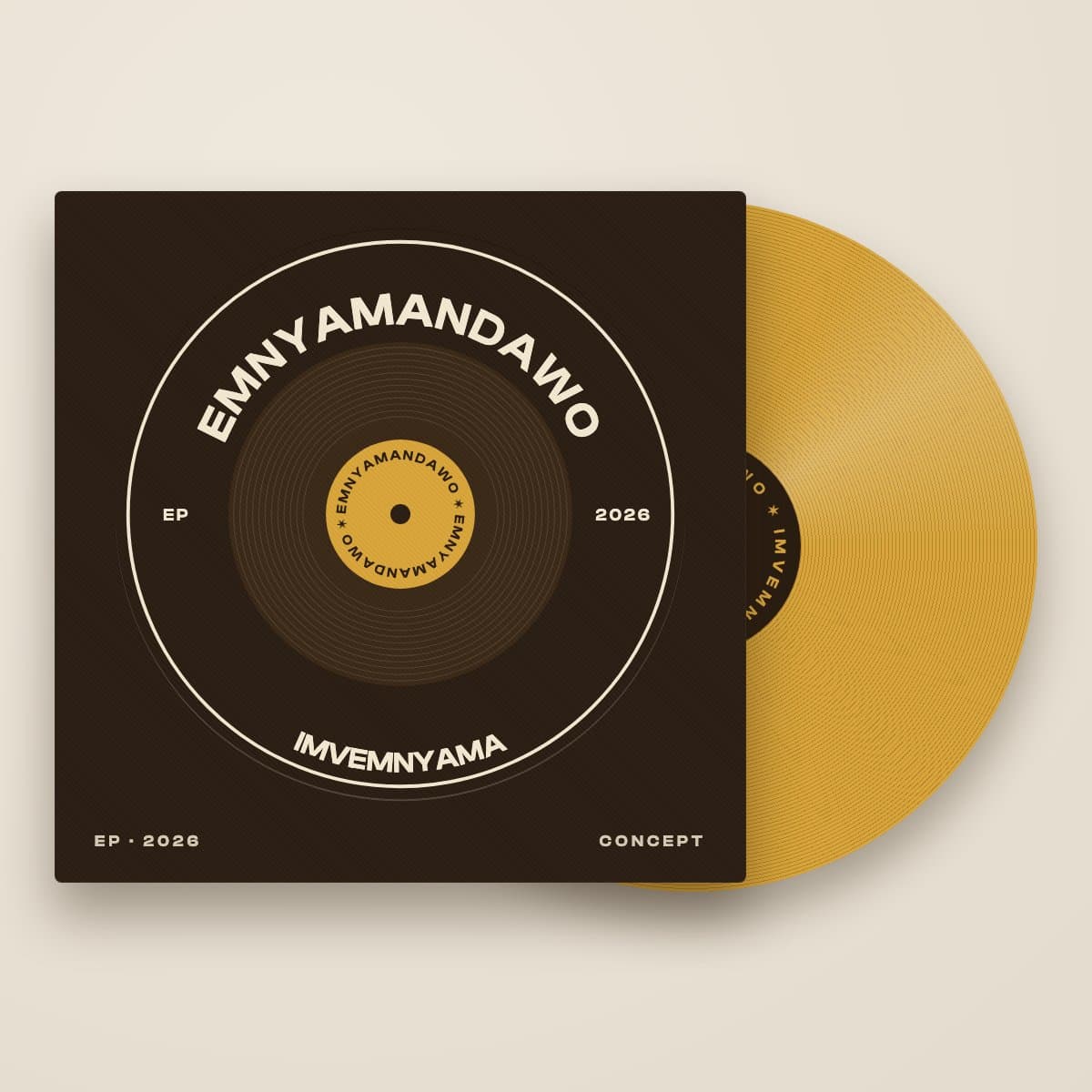 Concept mock-up: dark umber record sleeve with a circular badge reading Emnyamandawo, Imvemnyama, EP 2026, with a mustard vinyl record sliding out